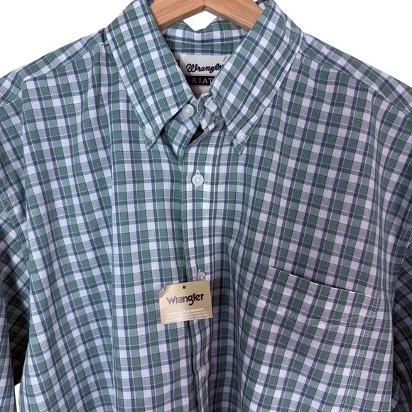 New Wrangler Riata Classic Grn Plaid Long Sleeve Button Down Shirt Men's Large - Picture 3 of 7